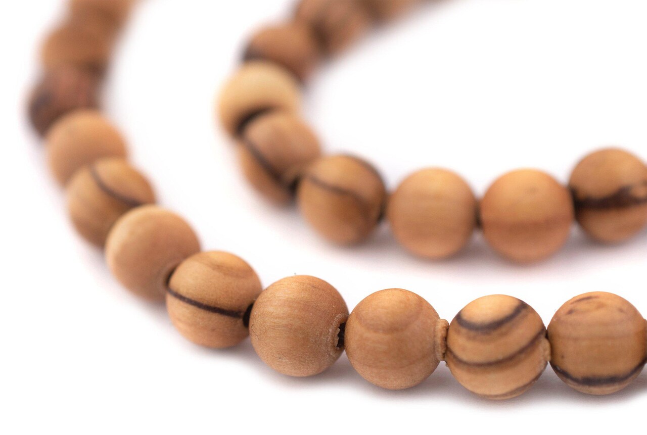 The Bead Chest Olive Wood Beads - Full Strand of Round Christian Rosary Prayer Beads (8mm, Natural)